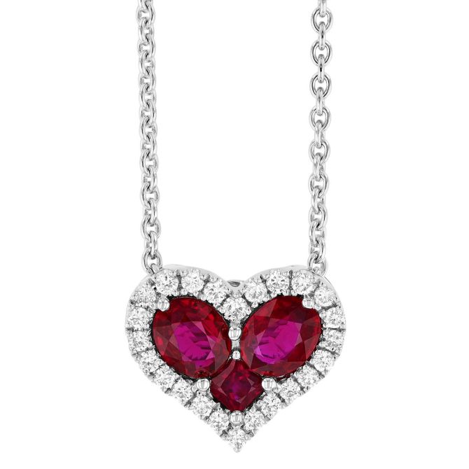 Oval & Round Ruby with Diamond Halo Heart Shaped Pendant in White Gold, 17"