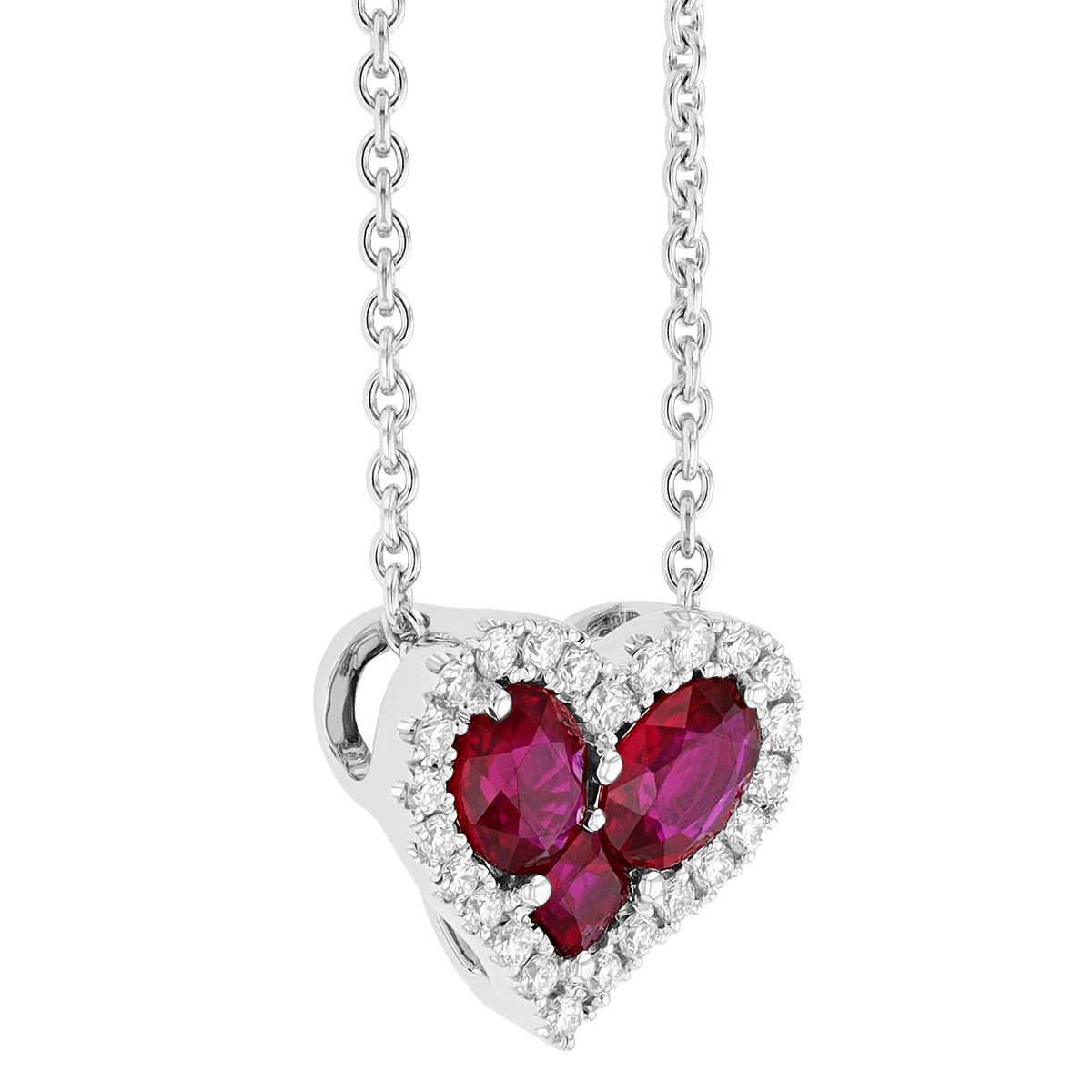 Oval & Round Ruby with Diamond Halo Heart Shaped Pendant in White Gold, 17