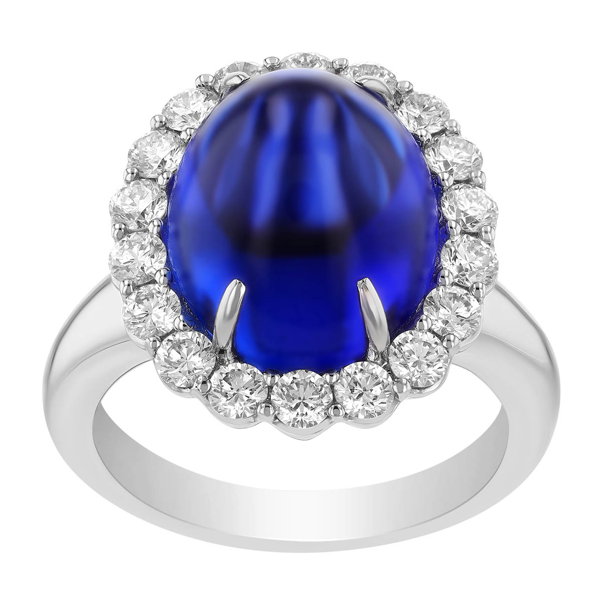 Domed Oval Cabochon Tanzanite & Diamond Halo Ring in White Gold