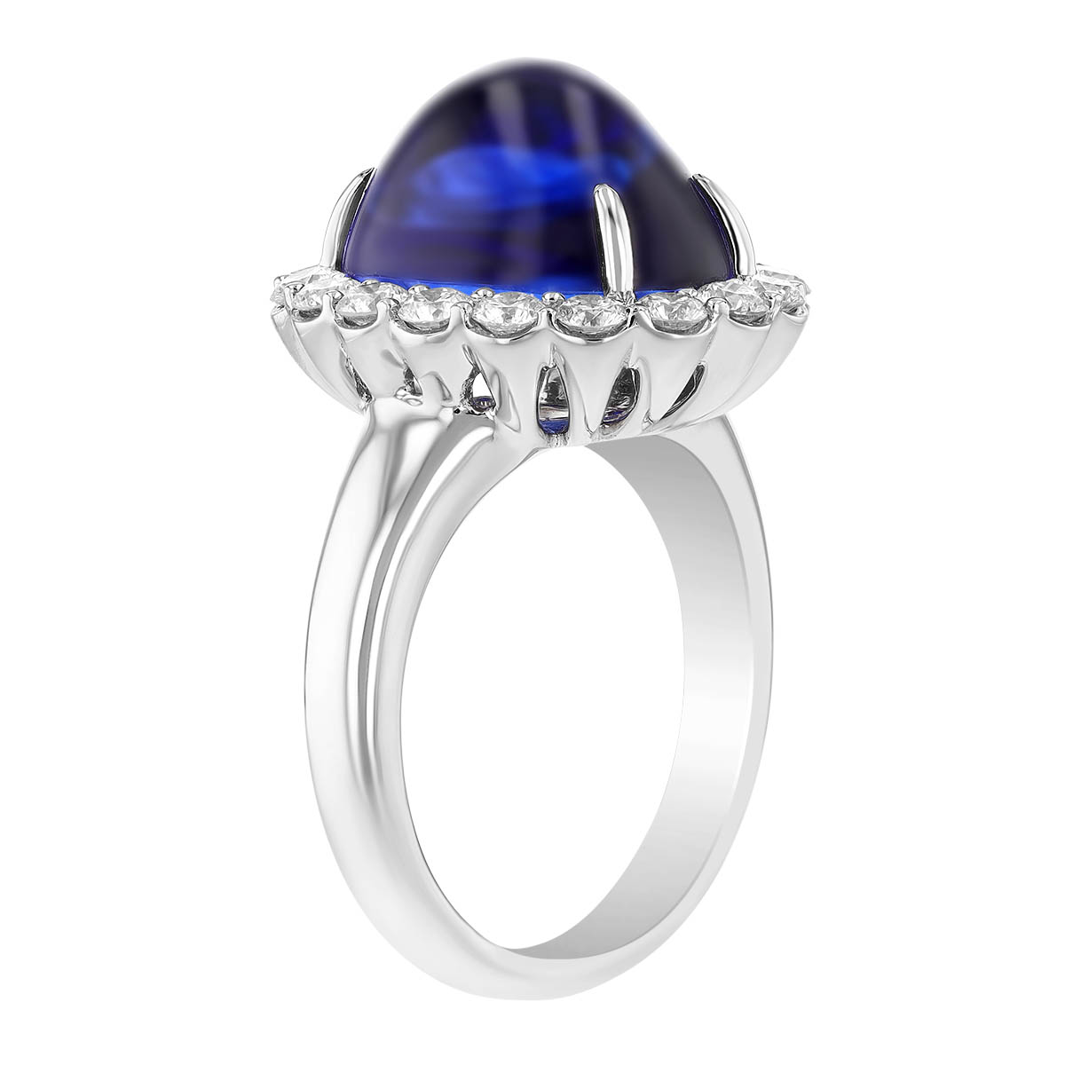 Domed Oval Cabochon Tanzanite & Diamond Halo Ring in White Gold