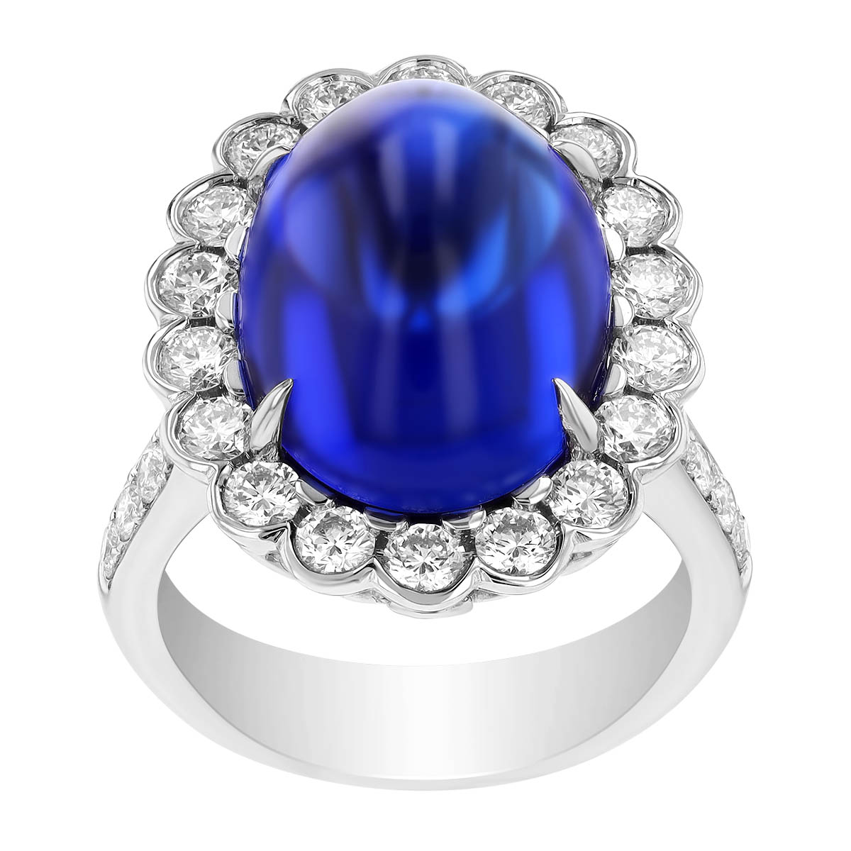 Domed Oval Cabochon Tanzanite & Scalloped Diamond Halo Ring in White Gold