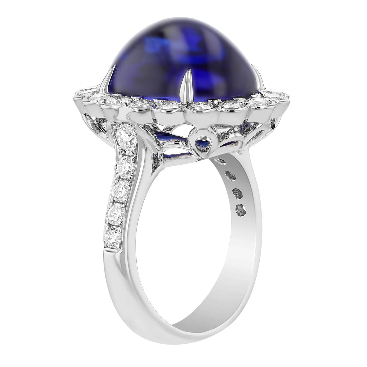 Domed Oval Cabochon Tanzanite & Scalloped Diamond Halo Ring in White Gold
