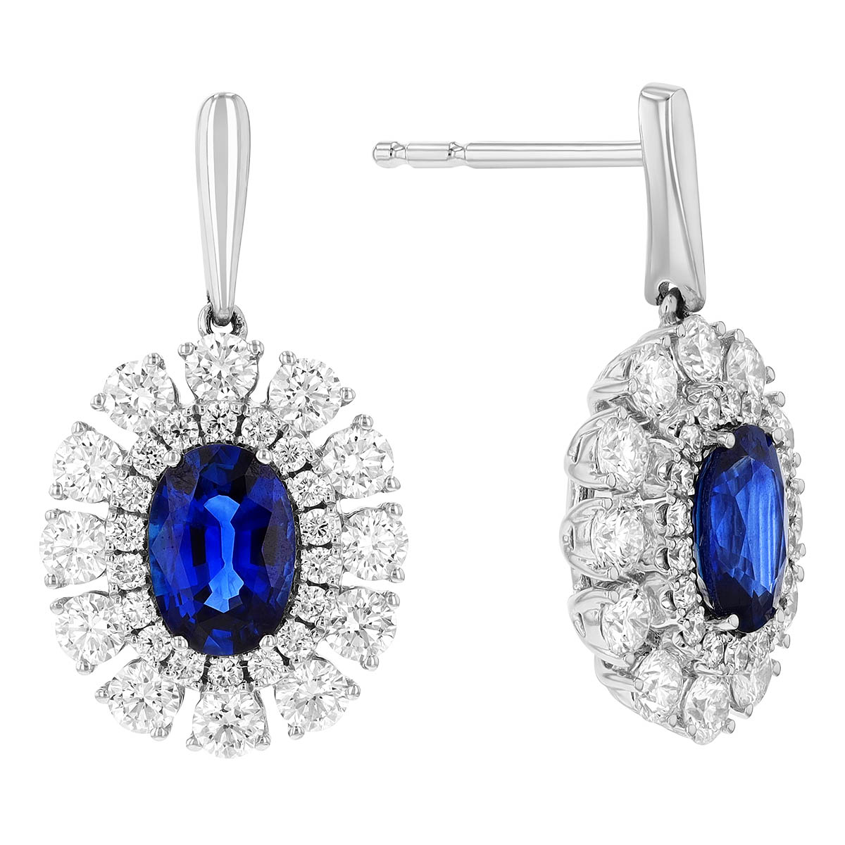 Oval Sapphire & Double Diamond Halo Dangle Earrings in White Gold