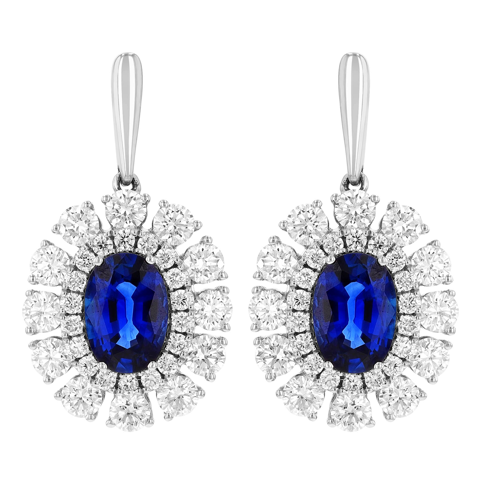 Oval Sapphire & Double Diamond Halo Dangle Earrings in White Gold