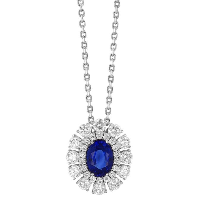 Oval Sapphire & Double Diamond Halo Pendant in White Gold, 17"