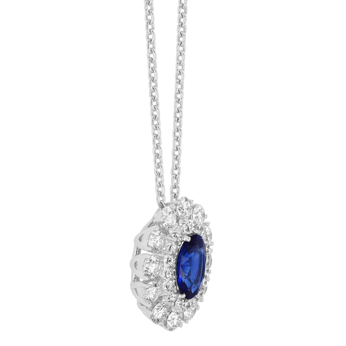 Oval Sapphire & Double Diamond Halo Pendant in White Gold, 17