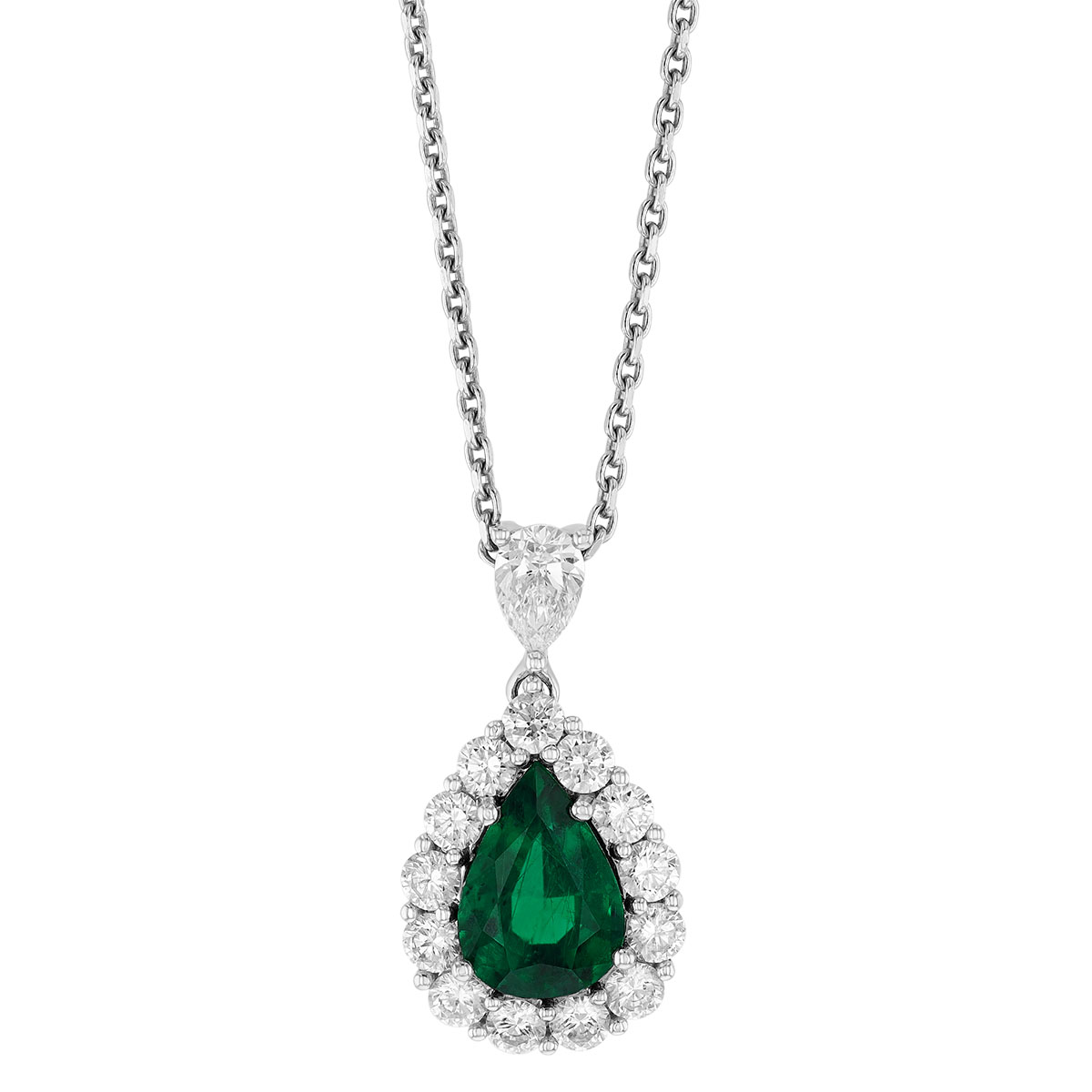 Pear Shaped Emerald & Diamond Halo Pendant in White Gold, 17