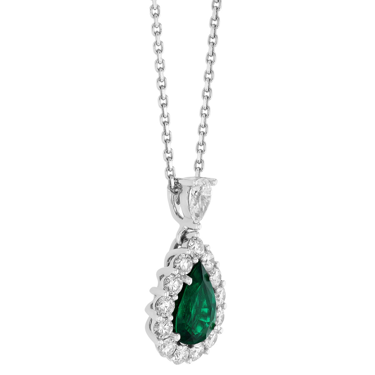 Pear Shaped Emerald & Diamond Halo Pendant in White Gold, 17