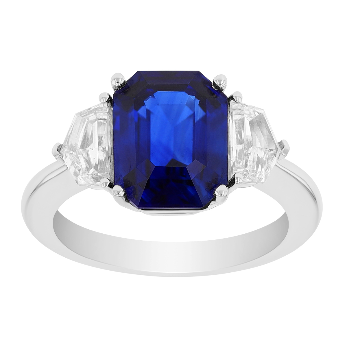 Emerald Cut Sapphire & Shield Cut Diamond 3 Stone Ring in Platinum