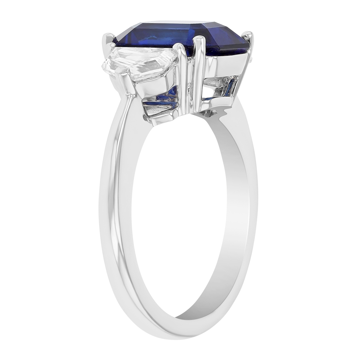Emerald Cut Sapphire & Shield Cut Diamond 3 Stone Ring in Platinum