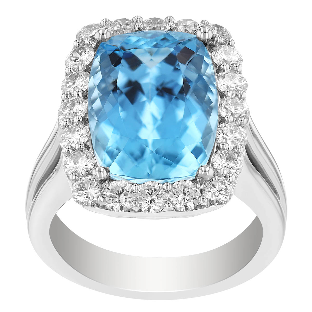 Cushion Checkerboard Aquamarine & Diamond Halo Ring in White Gold