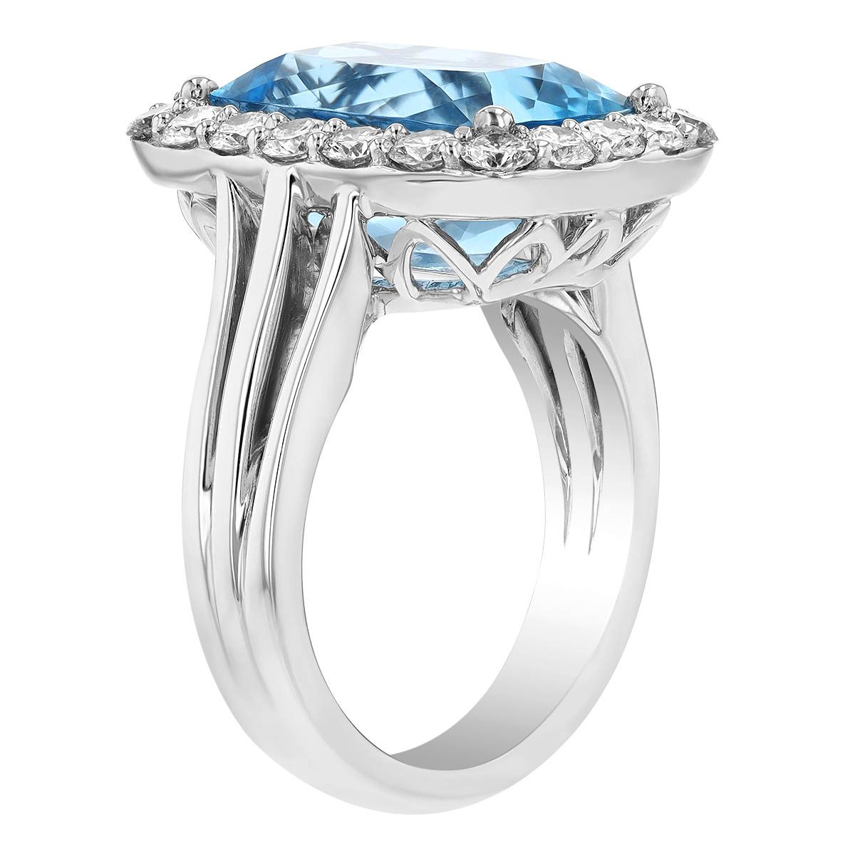 Cushion Checkerboard Aquamarine & Diamond Halo Ring in White Gold