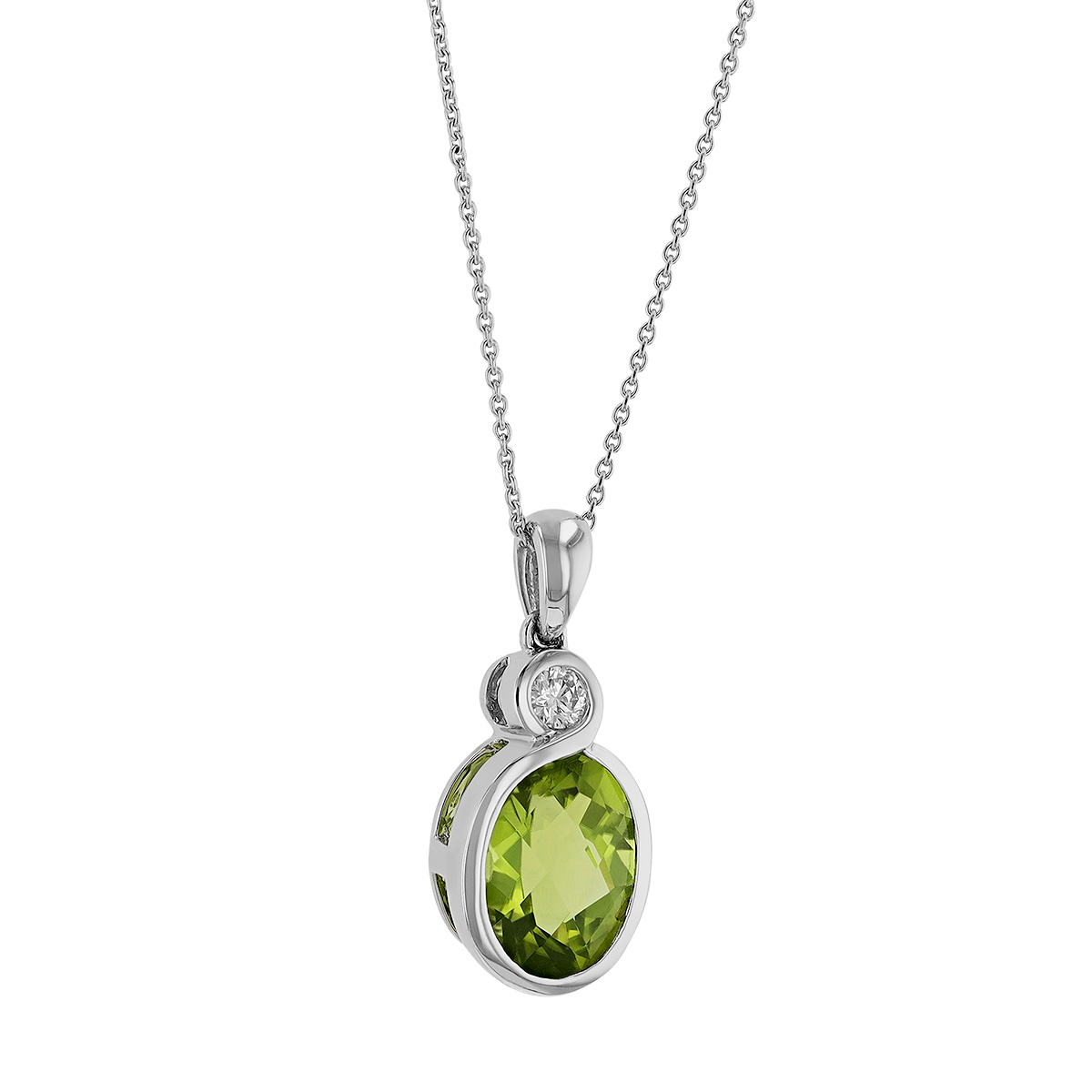 Oval Peridot & Diamond Bezel Set Pendant in White Gold