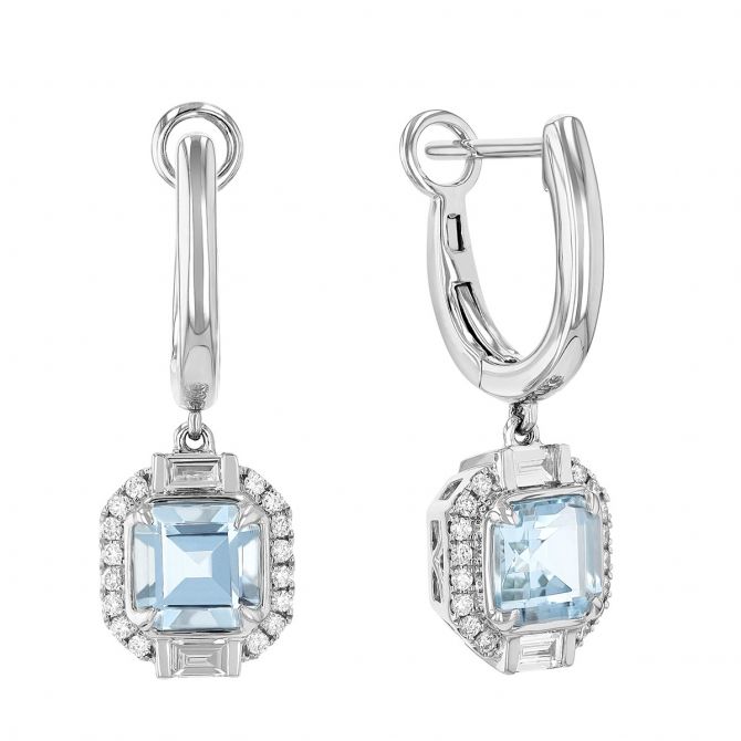 Square Step Cut Aquamarine & Diamond Halo Drop Earrings in White Gold