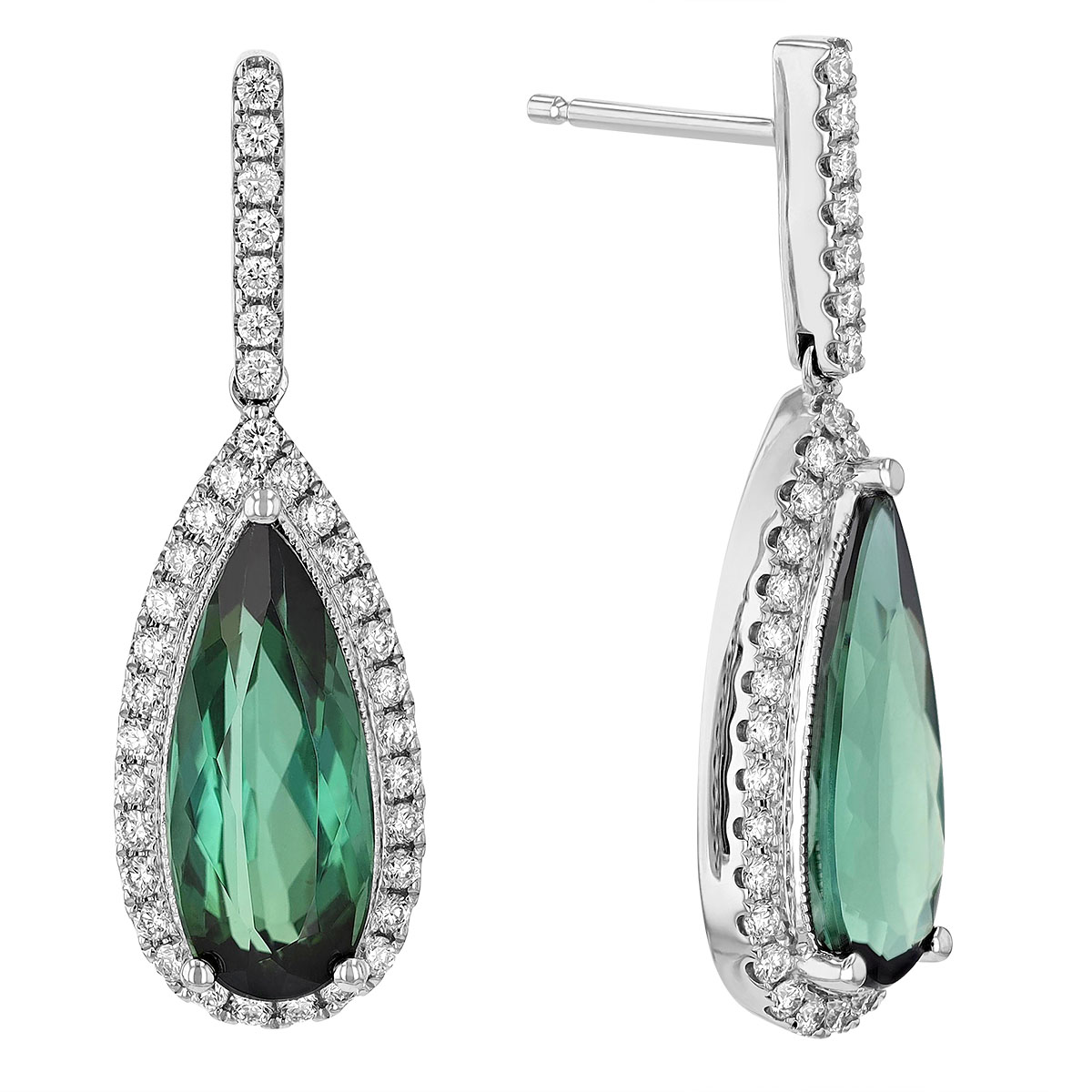 Pear Shaped Green Tourmaline & Diamond Halo Dangle Post Earrings in White Gold