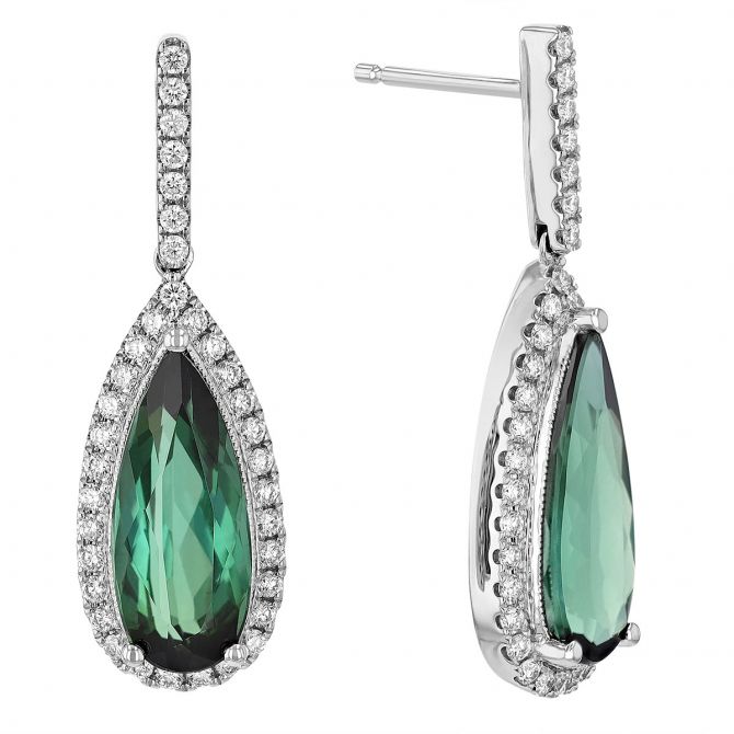 Pear Shaped Green Tourmaline & Diamond Halo Dangle Post Earrings in White Gold