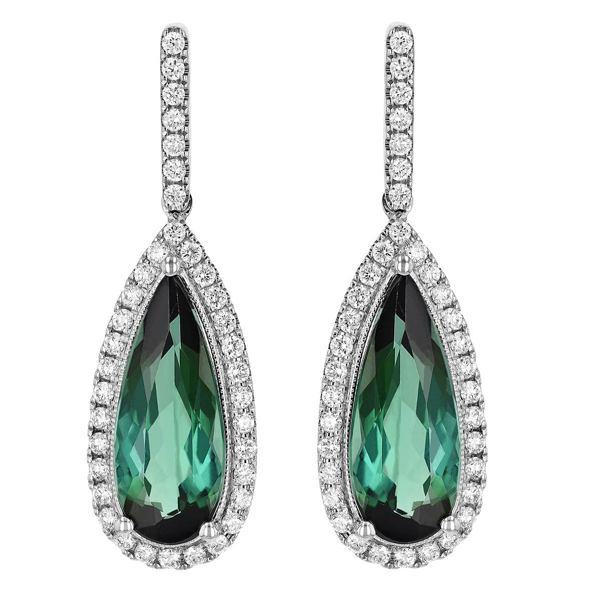 Pear Shaped Green Tourmaline & Diamond Halo Dangle Post Earrings in White Gold
