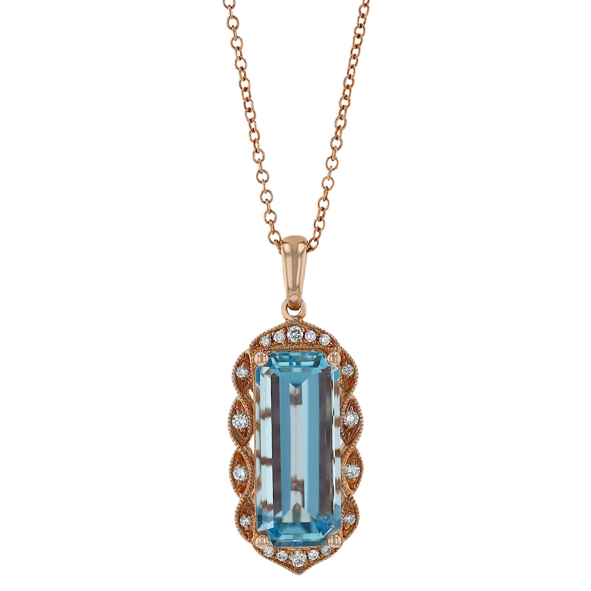 Emerald Cut Aquamarine & Diamond Milgrain Halo Pendant in Rose Gold