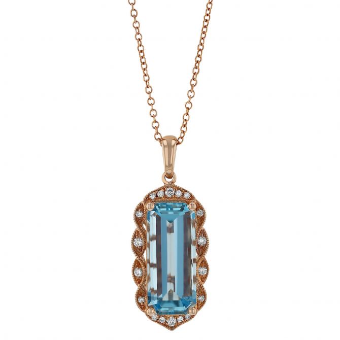 Emerald Cut Aquamarine & Diamond Milgrain Halo Pendant in Rose Gold