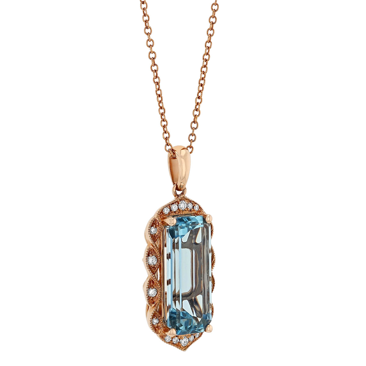 Emerald Cut Aquamarine & Diamond Milgrain Halo Pendant in Rose Gold