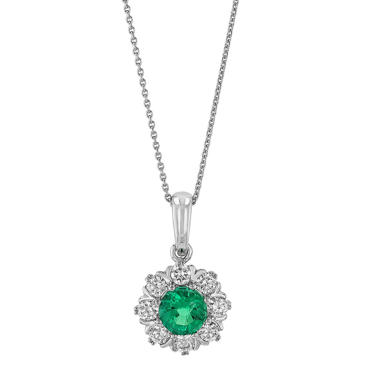 Round Emerald & Diamond Floral Halo Pendant in White Gold | Borsheims