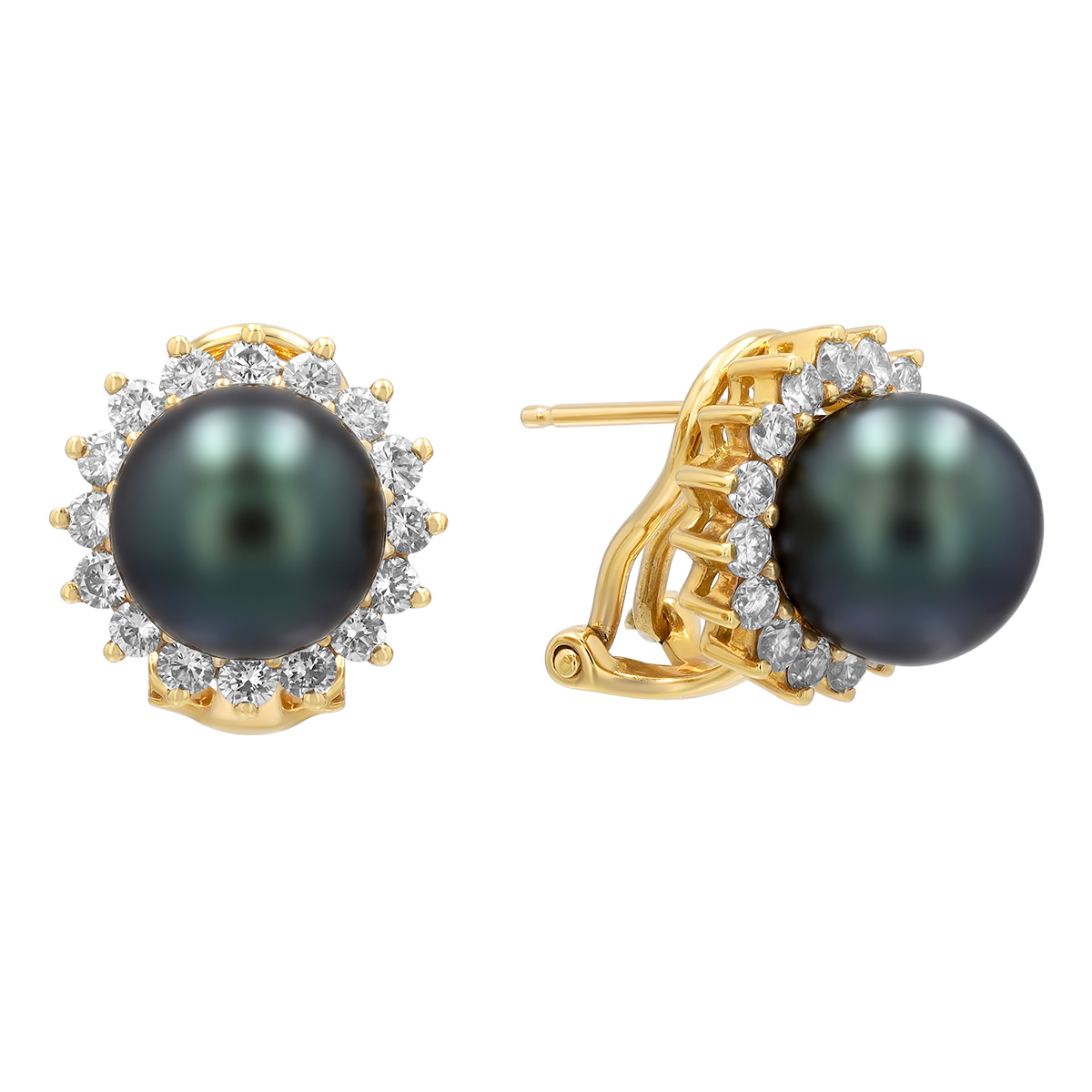 TARA Pearls Black Tahitian South Sea Cultured Pearl & Diamond Halo Stud Earrings in Yellow Gold