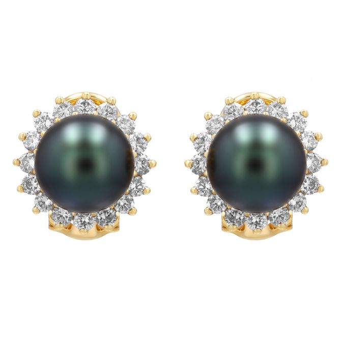 TARA Pearls Black Tahitian South Sea Cultured Pearl & Diamond Halo Stud Earrings in Yellow Gold