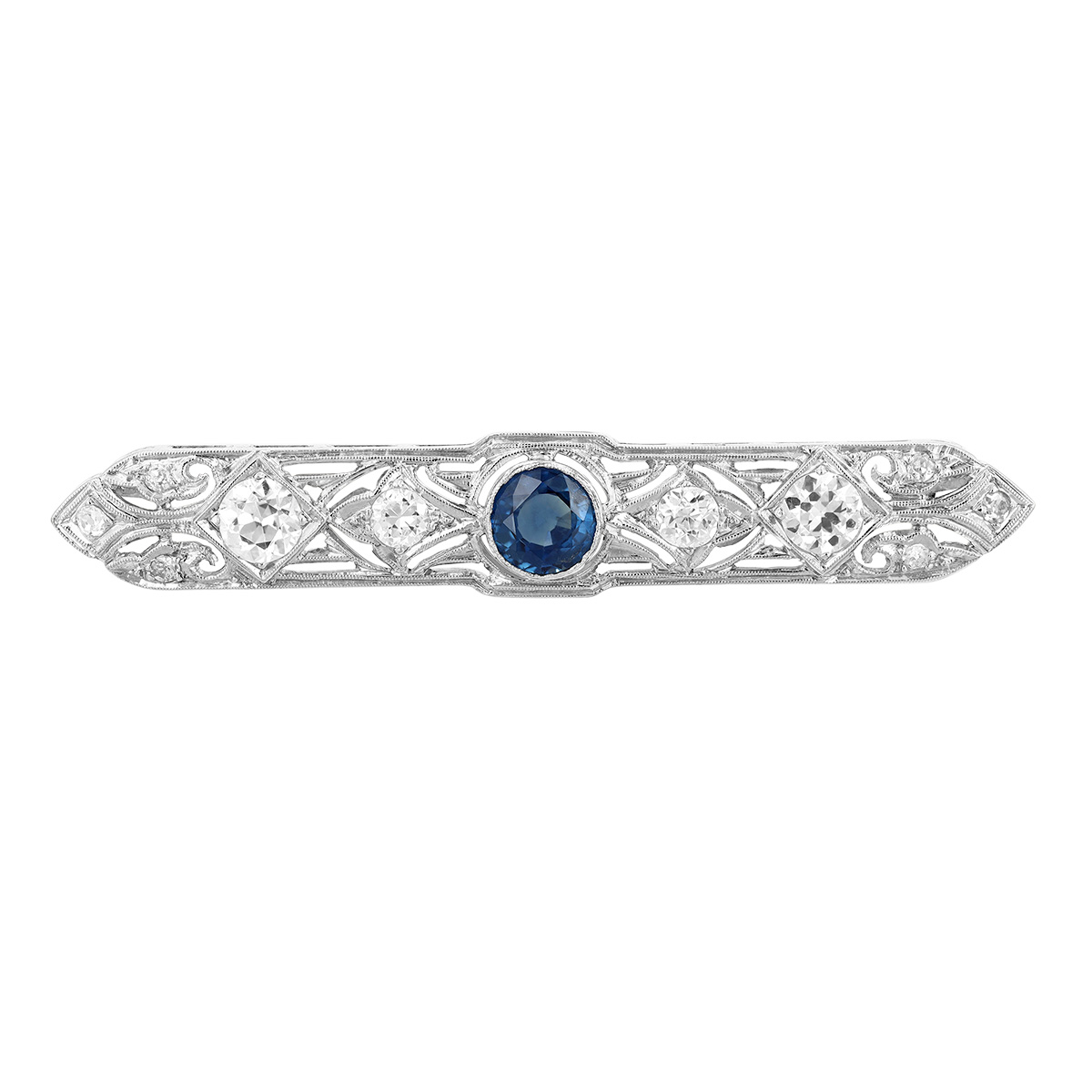 TARA Pearls Round Sapphire & Diamond Filagree Pattern Pin in Platinum