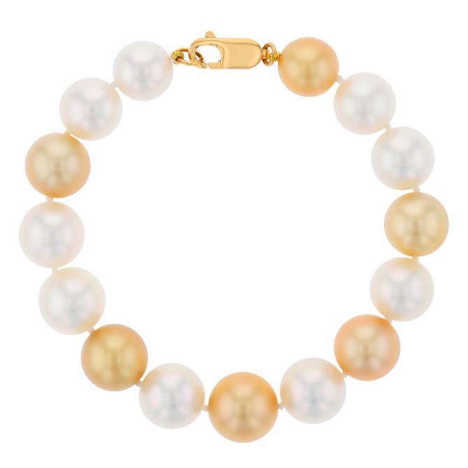 TARA Pearls Golden & White South Sea Cultured Pearl Bracelet with Yellow Gold Clasp, 7.5"