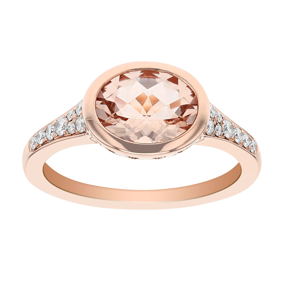 Oval Checkerboard Morganite & Diamond Bezel Set Ring in Rose Gold