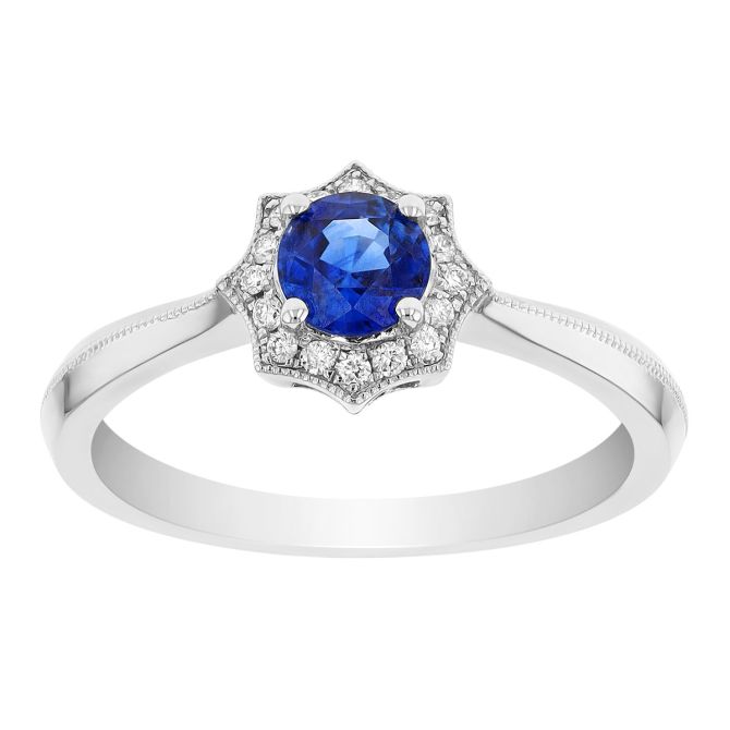 Round Sapphire Ring with Pointed Diamond Milgrain Halo in White Gold