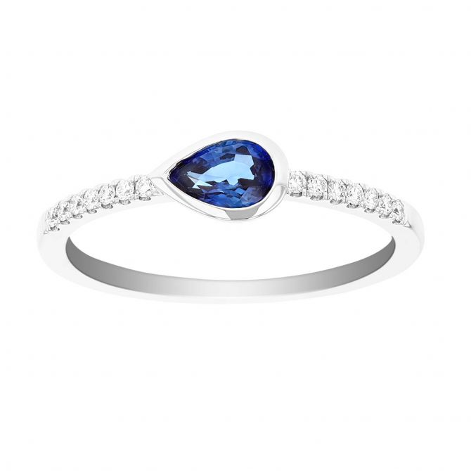 Pear Shaped Sapphire East West Bezel Set Ring with Diamond Shank in White Gold