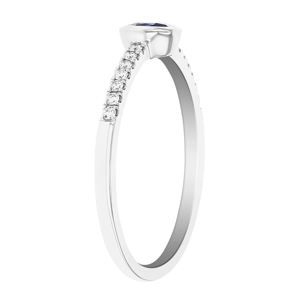 Pear Shaped Sapphire East West Bezel Set Ring with Diamond Shank in White Gold