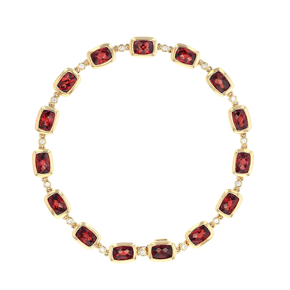 Cushion Garnet & Diamond Bezel Set Alternating Bracelet in Yellow Gold