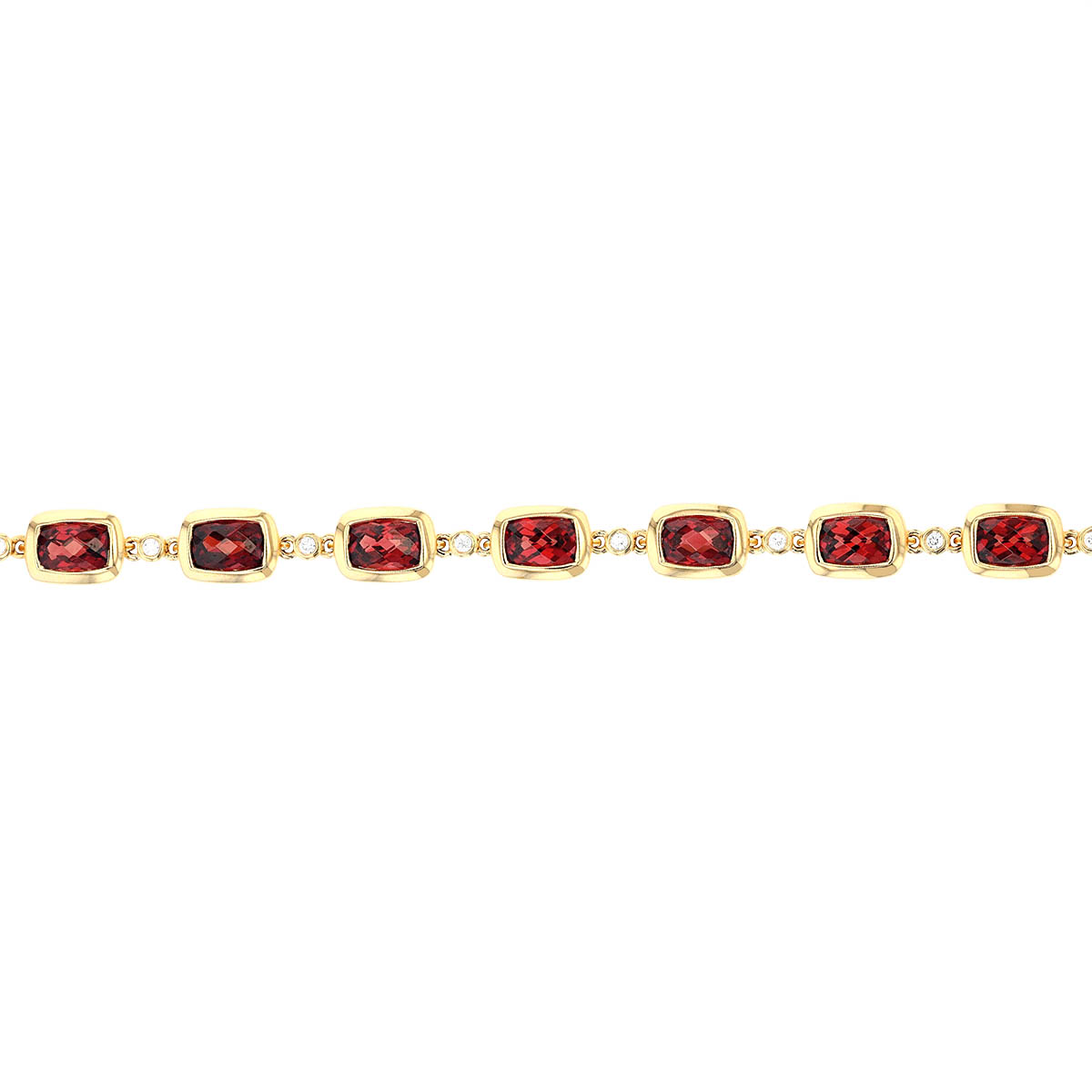 Cushion Garnet & Diamond Bezel Set Alternating Bracelet in Yellow Gold