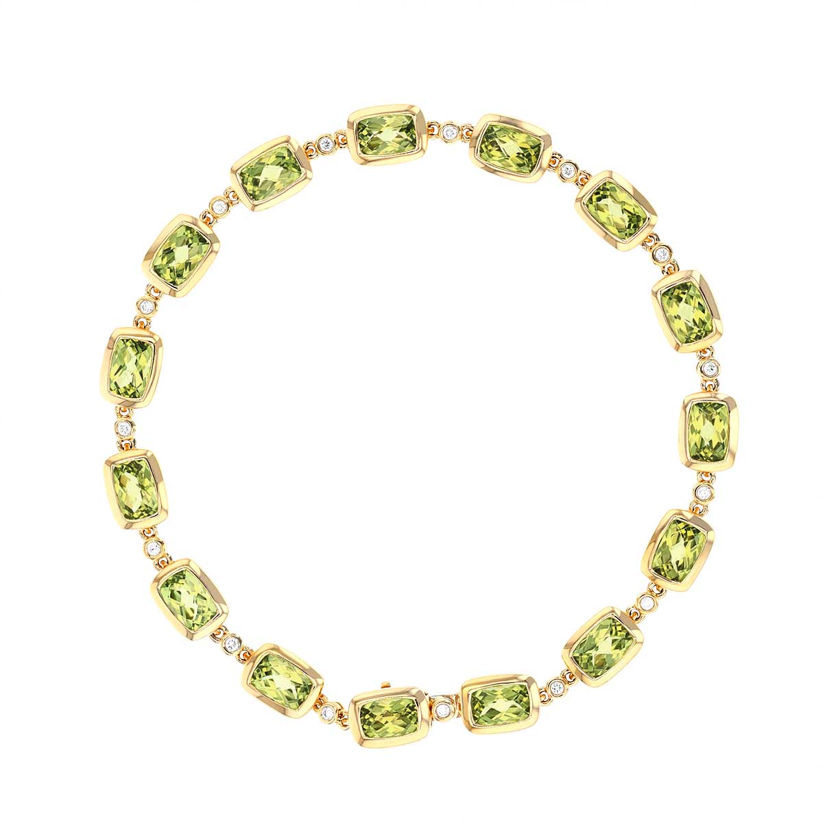 Cushion Peridot & Diamond Bezel Set Alternating Bracelet in Yellow Gold