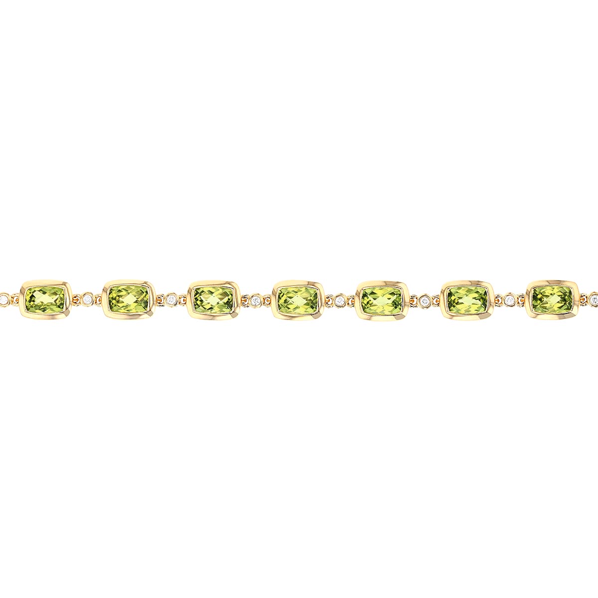 Cushion Peridot & Diamond Bezel Set Alternating Bracelet in Yellow Gold