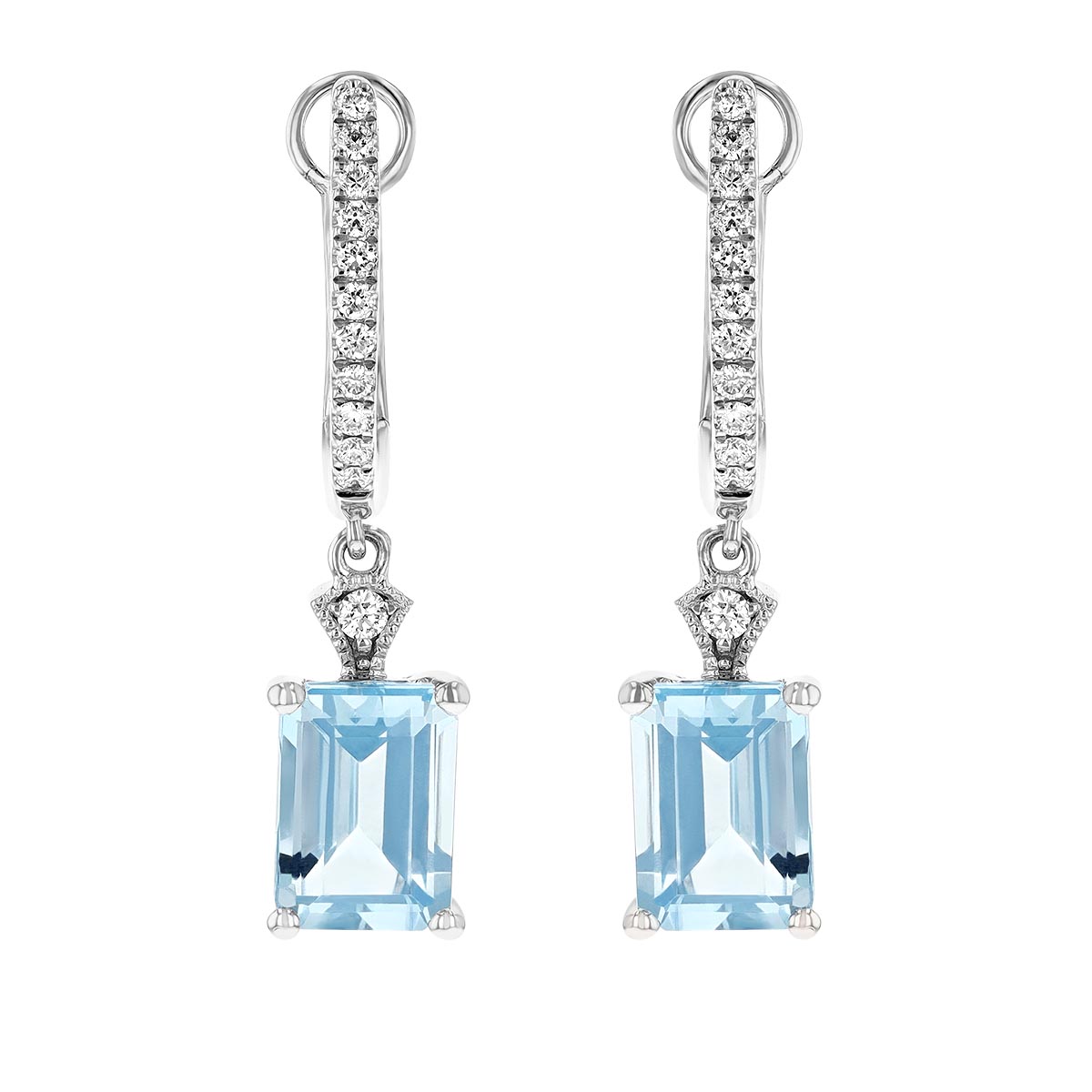 Emerald Cut Aquamarine & Diamond Dangle Huggie Earrings in White Gold