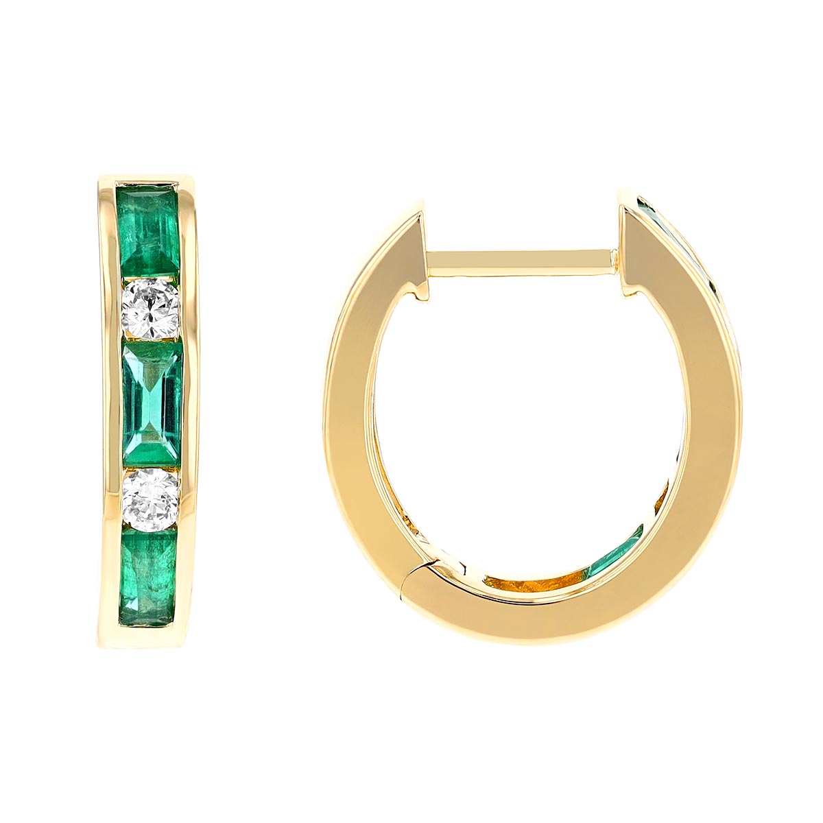 Baguette Emerald & Diamond Alternating Channel Set Hoop Earrings in Yellow Gold