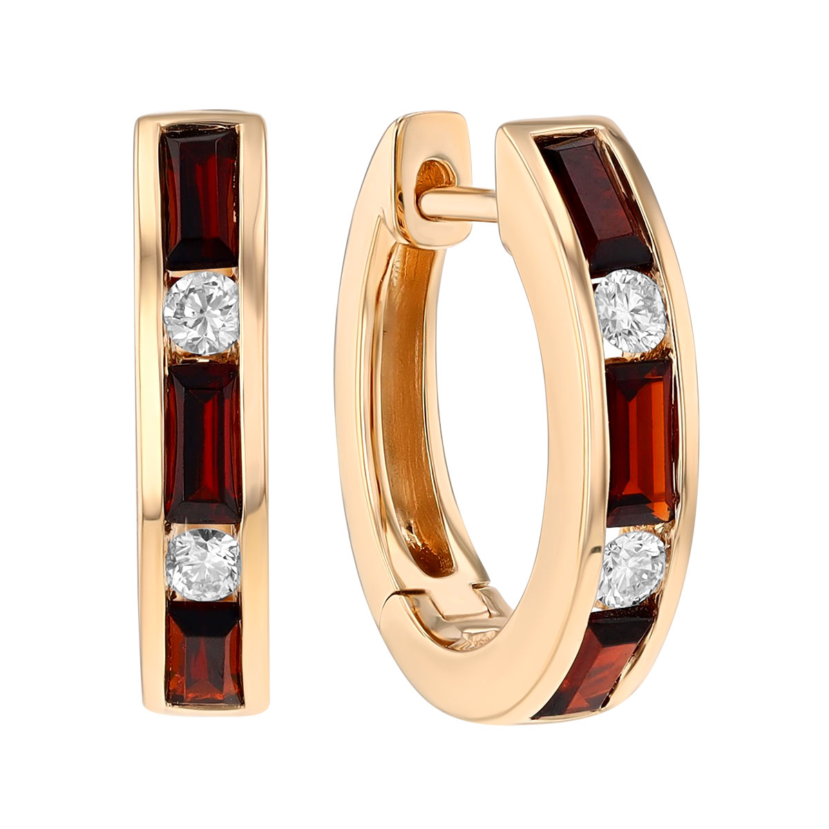 Baguette Garnet & Round Diamond Channel Set Huggie Hoop Earrings in Yellow Gold