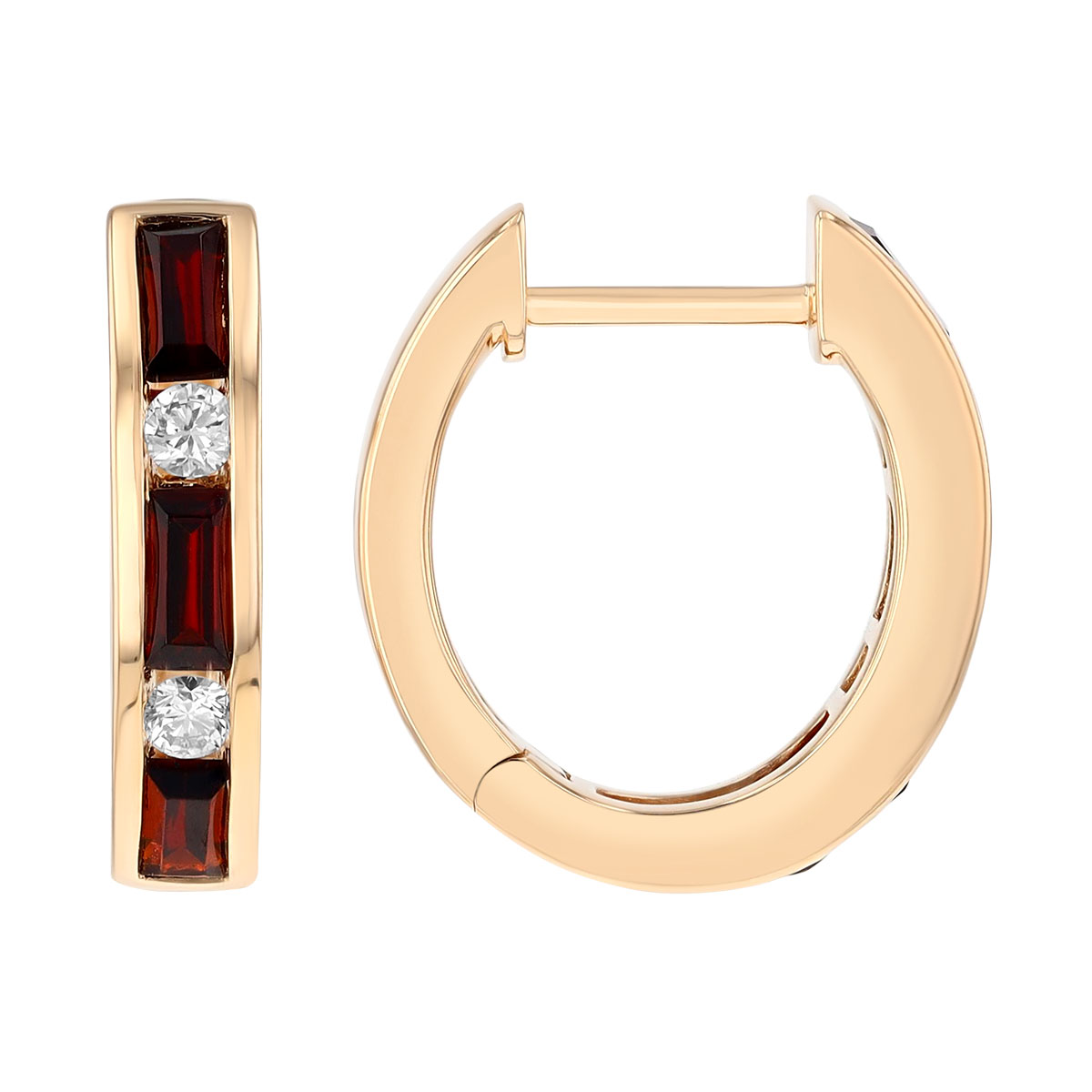 Baguette Garnet & Round Diamond Channel Set Huggie Hoop Earrings in Yellow Gold