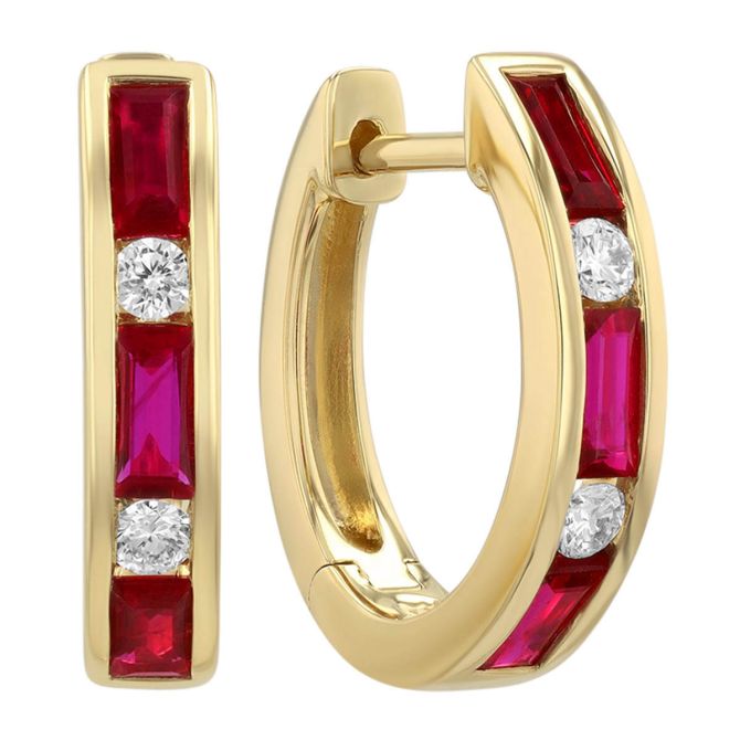Baguette Ruby & Diamond Alternating Channel Set Huggie Hoop Earrings in Yellow Gold