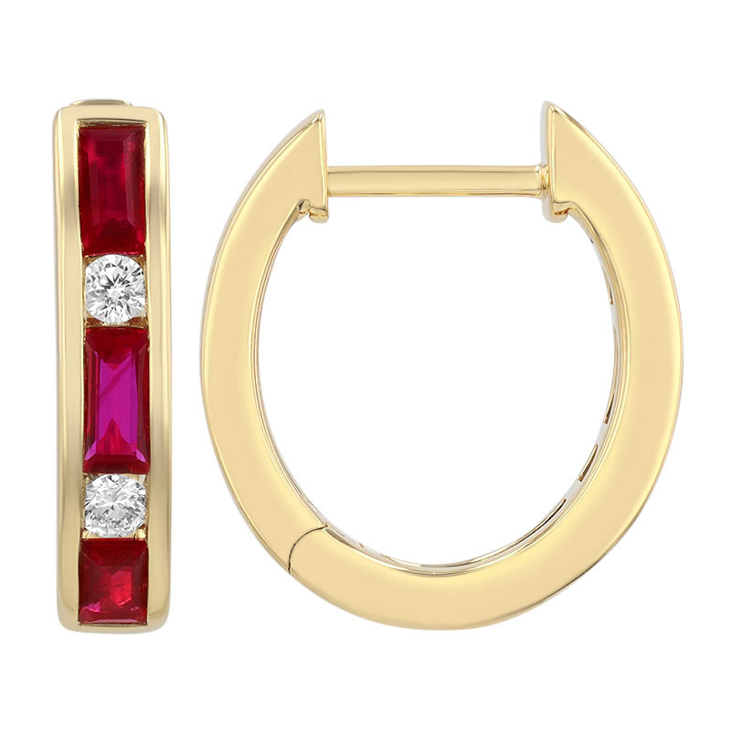 Baguette Ruby & Diamond Alternating Channel Set Huggie Hoop Earrings in Yellow Gold