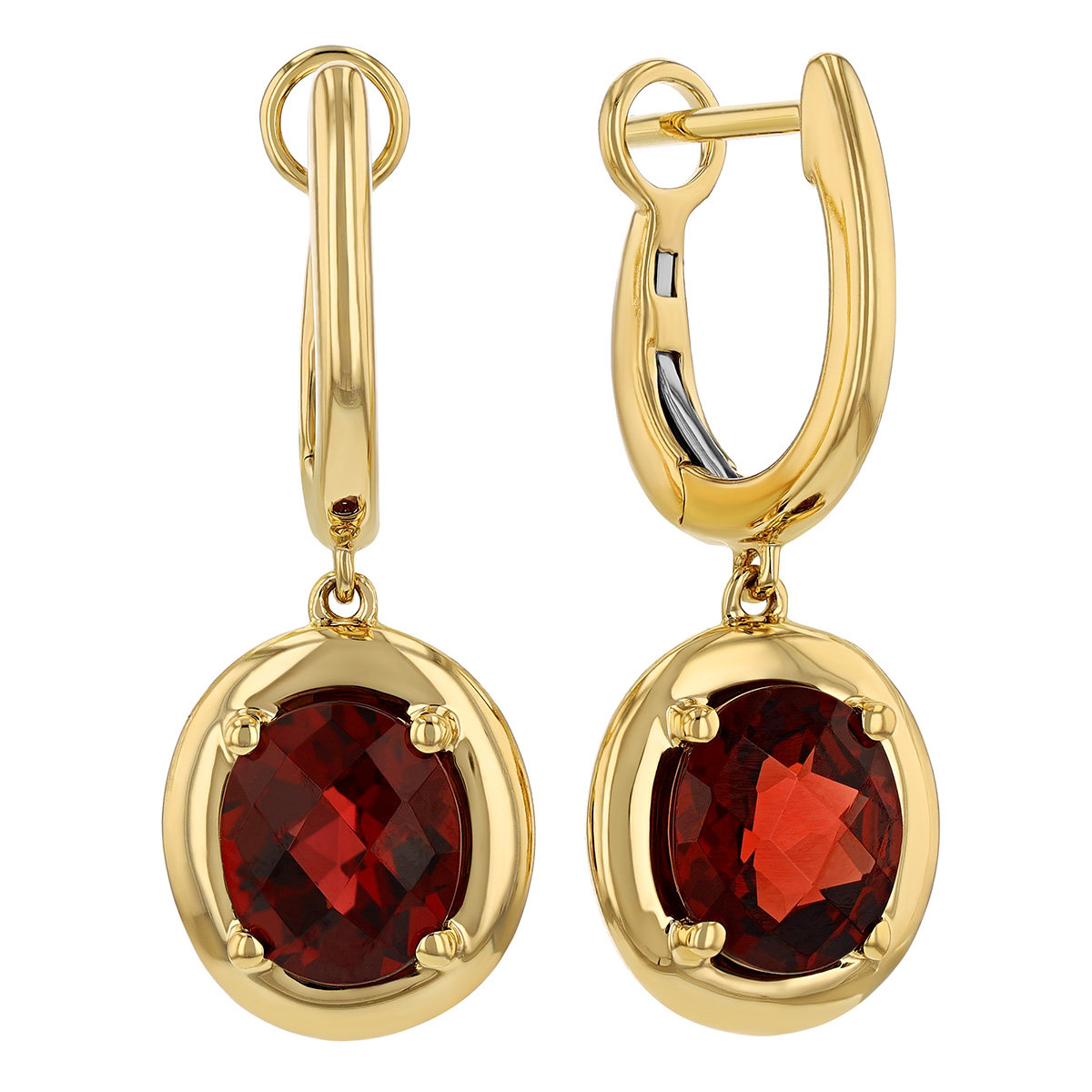 Oval Checkerboard Garnet Huggie Hoop Drop Earrings in Yellow Gold