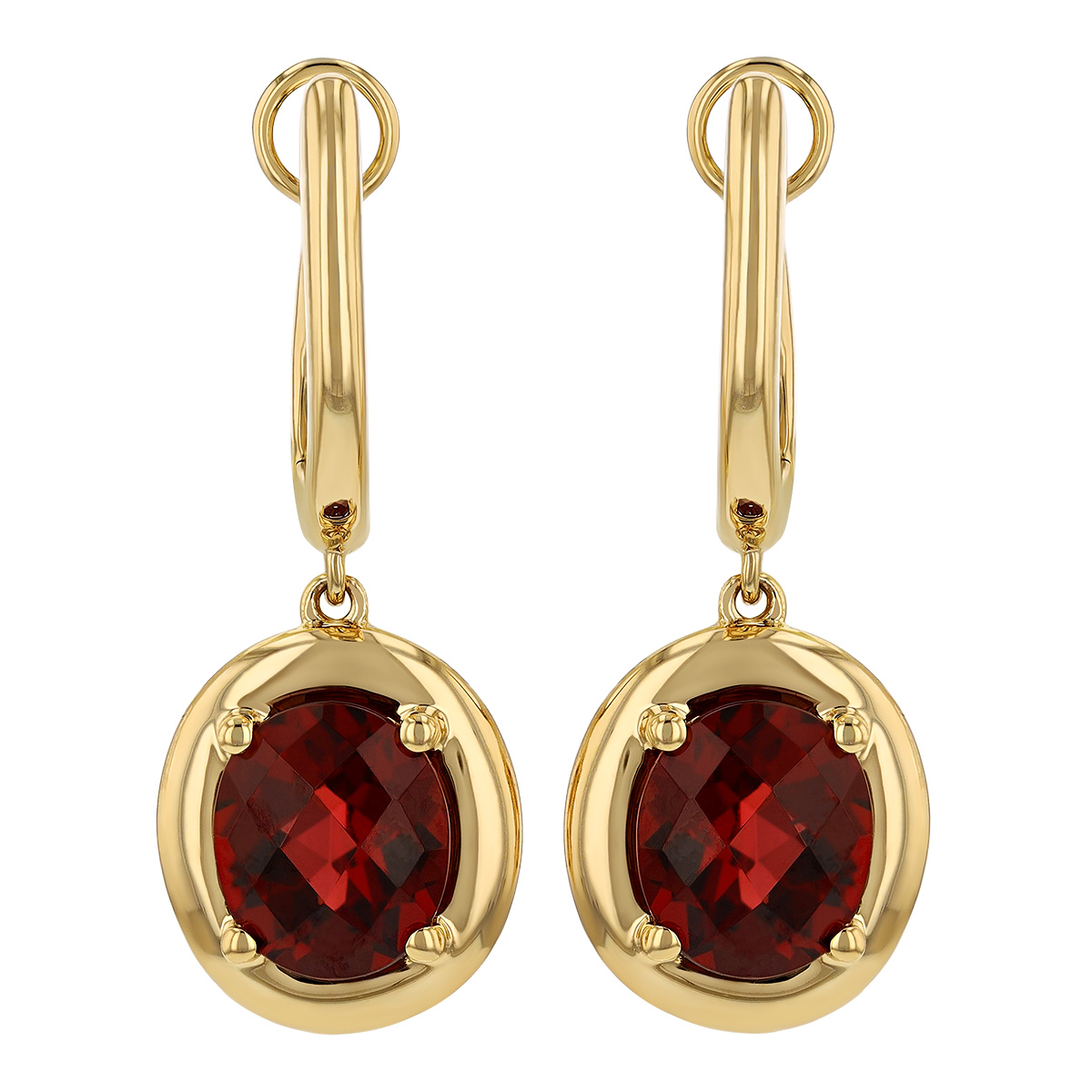 Oval Checkerboard Garnet Huggie Hoop Drop Earrings in Yellow Gold