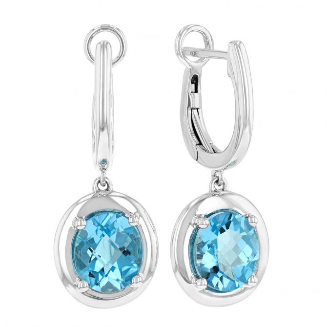 Oval Blue Topaz Circle Drop Earrings in White Gold