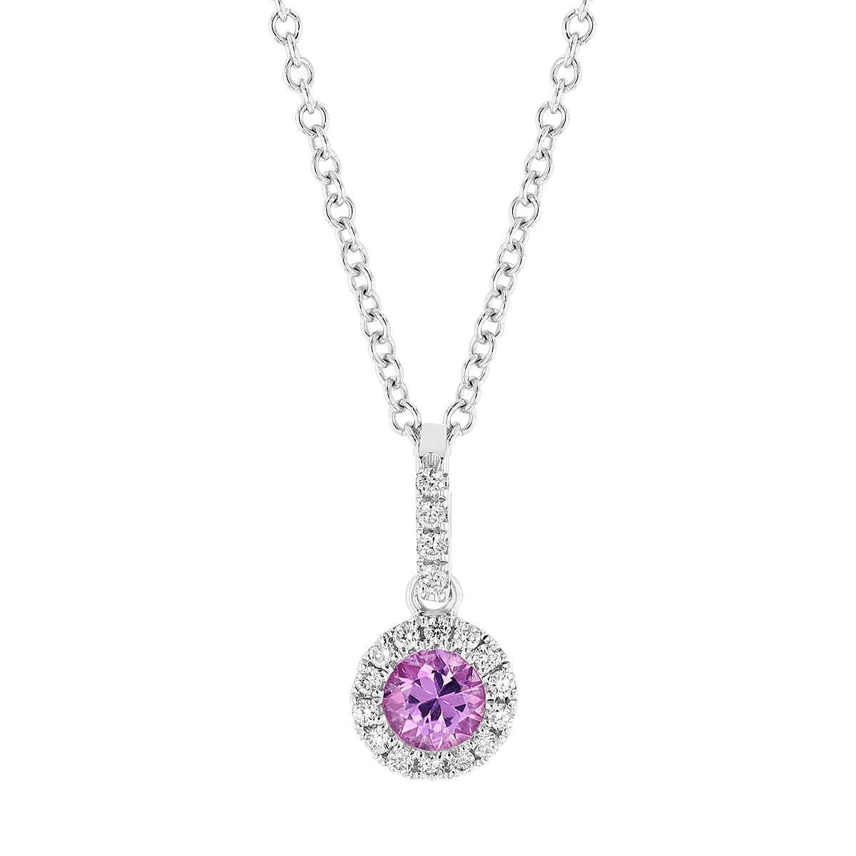 Round Pink Sapphire & Diamond Halo Pendant in White Gold, 18