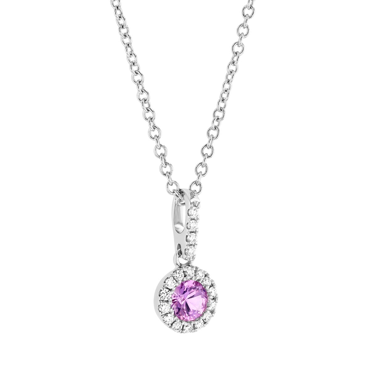 Round Pink Sapphire & Diamond Halo Pendant in White Gold, 18