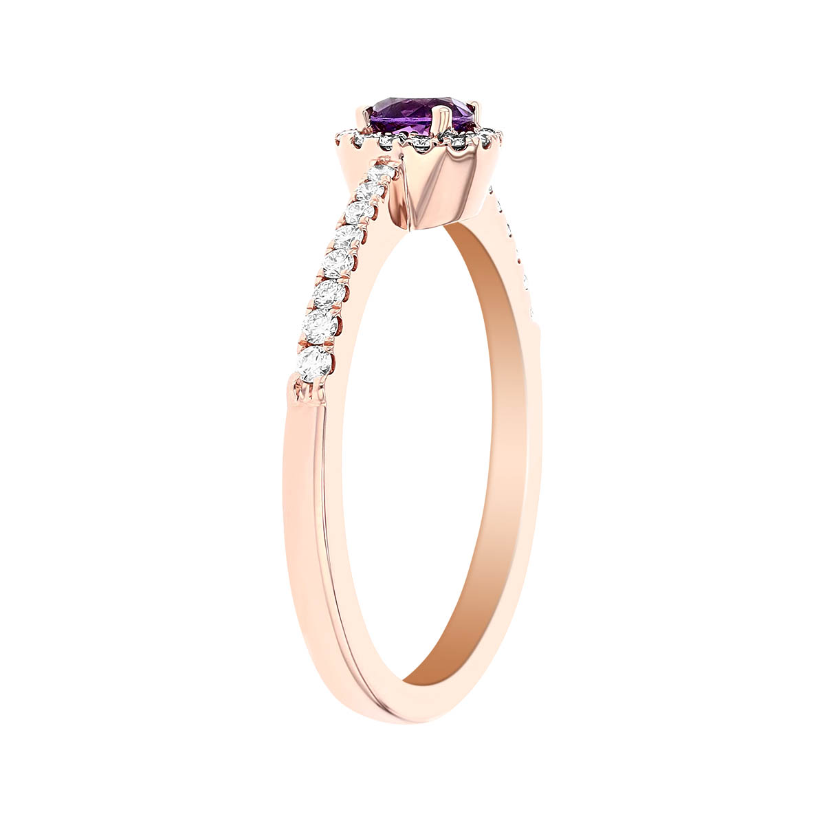 Round Amethyst with Diamond Halo & Shank Ring in Rose Gold