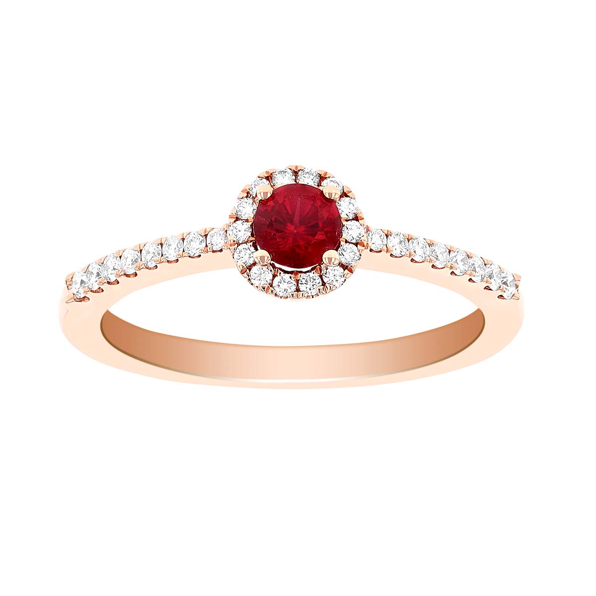Round Ruby with Diamond Halo & Shank Ring in Rose Gold